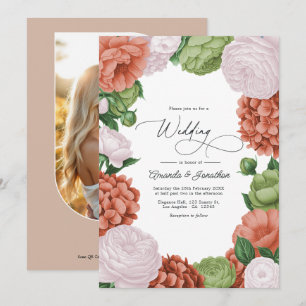 Convite Casamento Floral Verde Oliva Bege Terracota Claro