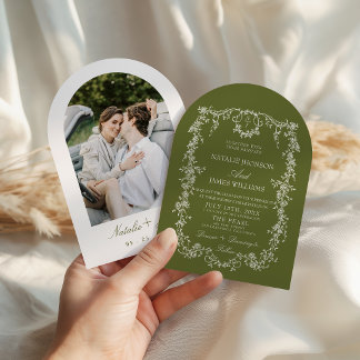 Convite Casamento Floral Verde Oliva Jardim Monograma Arqu