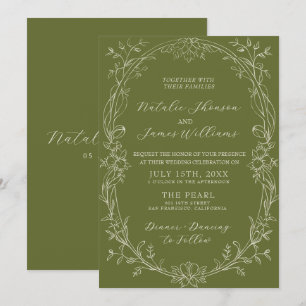 Convite Casamento Floral Verde Oliva Luxuoso Antigo