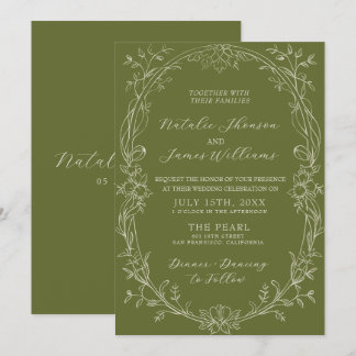 Convite Casamento Floral Verde Oliva Luxuoso Antigo