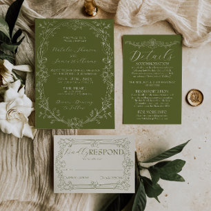 Convite Casamento Floral Verde Oliva Luxuoso Antigo
