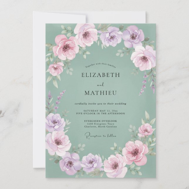 Convite Casamento Floral Verde Pálido Lavanda (Frente)