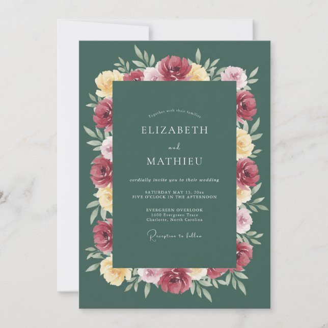 Convite Casamento Floral Verde Profundo (Frente)