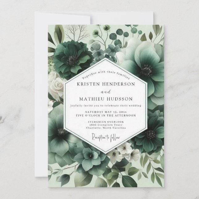 Convite Casamento Floral Verde Profundo Opulento (Frente)