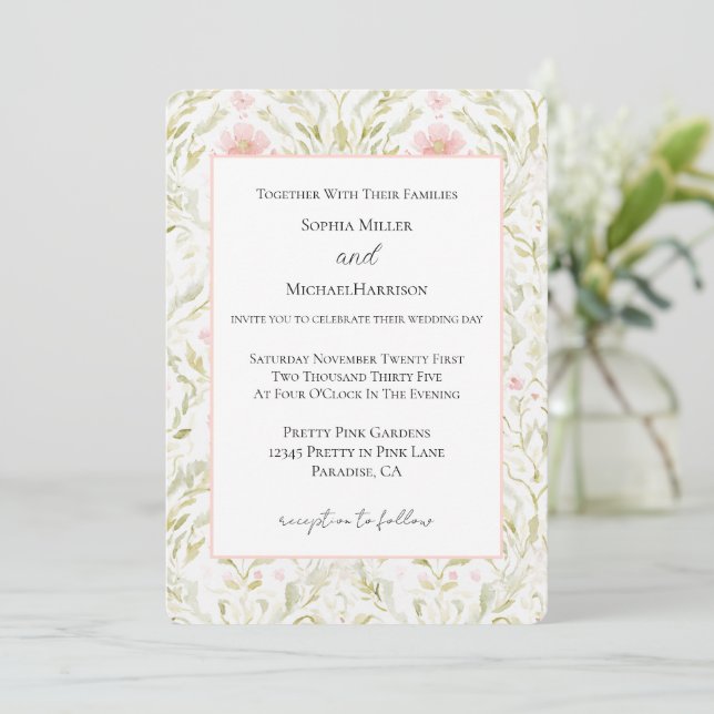 Convite Casamento Floral Verde Rosa Bonito (Em pé/Frente)