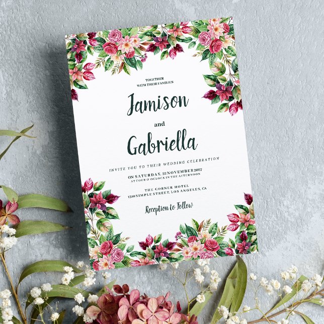 Convite Casamento floral verde-rosa-burgundy-Botanic (Botanic burgundy pink green floral country Wedding)