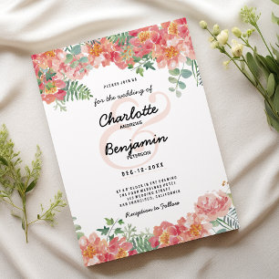 Convite Casamento floral verde-rosa com aquarela botânica