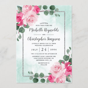 Convite Casamento Floral Verde Rosa e Silver