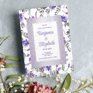 Convite Casamento floral verde-roxo, cor-de-rosa-macio