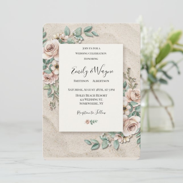 Convite Casamento Floral Verde Sage Bege Esbranquiçado (Em pé/Frente)