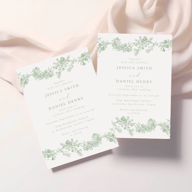 Convite Casamento Floral Verde Sage Clássico Vintage (Criador carregado)