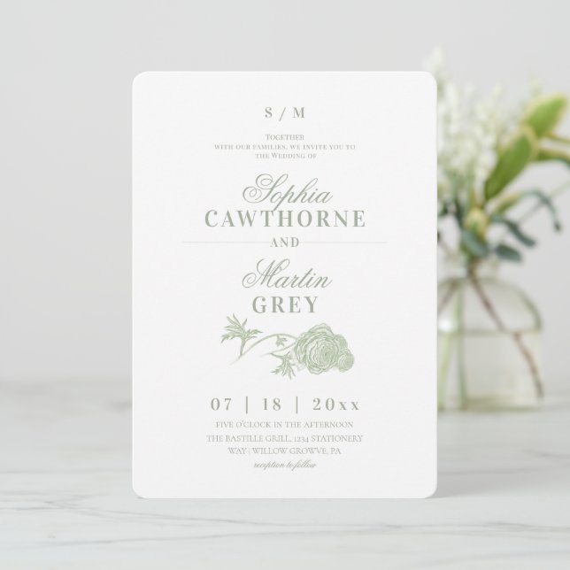 Convite Casamento Floral Verde Sage Pastel  (Em pé/Frente)