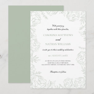 Convite Casamento Floral Verde Salvia Elegante