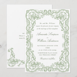 Convite Casamento Floral Verde Sálvia Ornamentado Renascen