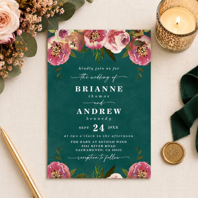 Convite Casamento Floral Verde Teal Blooming Chic (Moody teal and blush pink floral wedding invitations)