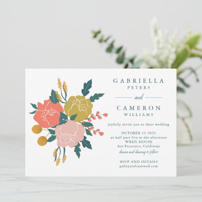 Convite Casamento Floral Verde Terroso Boho Elegante Simpl (Em pé/Frente)