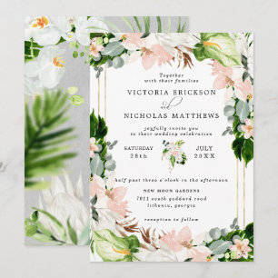 Convite Casamento Floral Verde Tropical Rosa Bege Branco