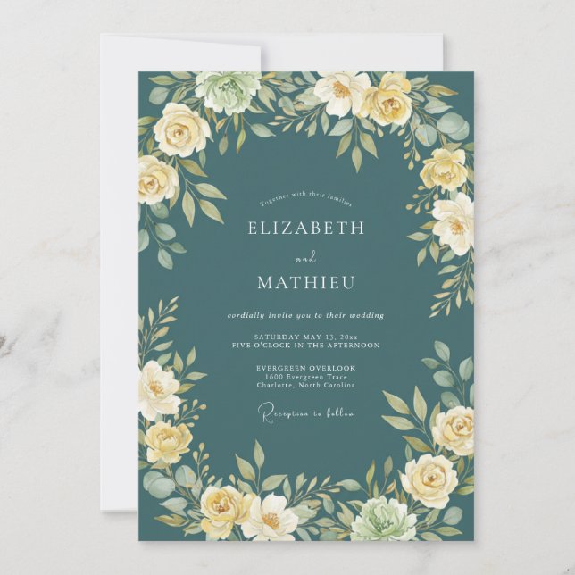 Convite Casamento Floral Verde Turquesa Amarelo (Frente)