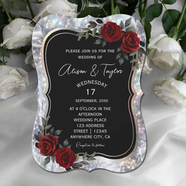 Convite Casamento Floral Verde Vermelho Negro Silver Gótic (Black Silver Gothic Red Green Floral Wedding Invitation #zazzlemade #elegantredflowers #weddingcard)