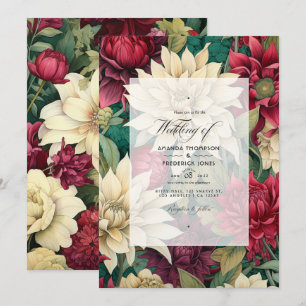 Convite Casamento Floral Verde, Vermelho Profundo, Creme e
