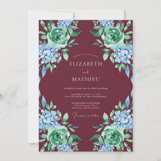 Convite Casamento Floral Verdejante Borgonha (Frente)