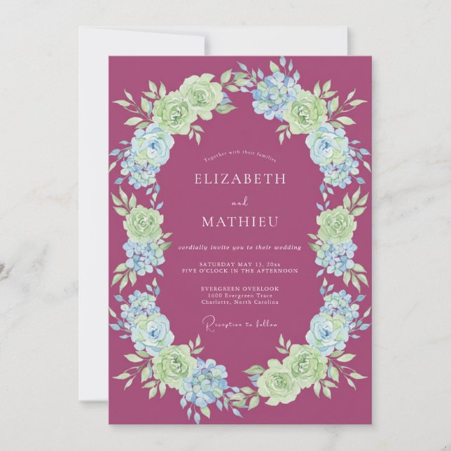Convite Casamento Floral Verdejante em Magenta (Frente)