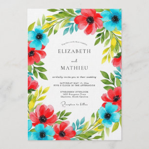 Convite Casamento Floral Vermelho Azul Florescer