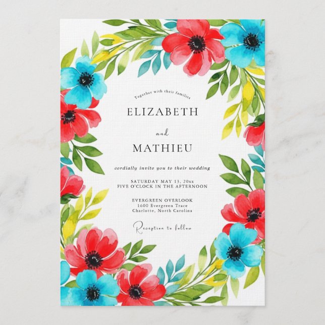 Convite Casamento Floral Vermelho Azul Florescer (Frente)