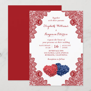 Convite Casamento Floral Vermelho Azul Marinho Russo Perso
