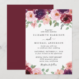 Convite Casamento Floral Vermelho Blush Watercolor