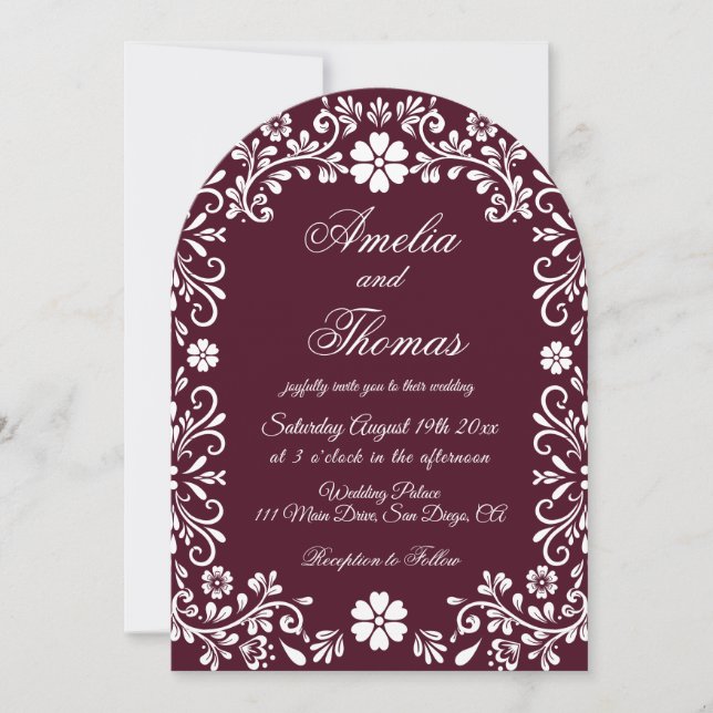 Convite Casamento Floral Vermelho Borgonha (Frente)