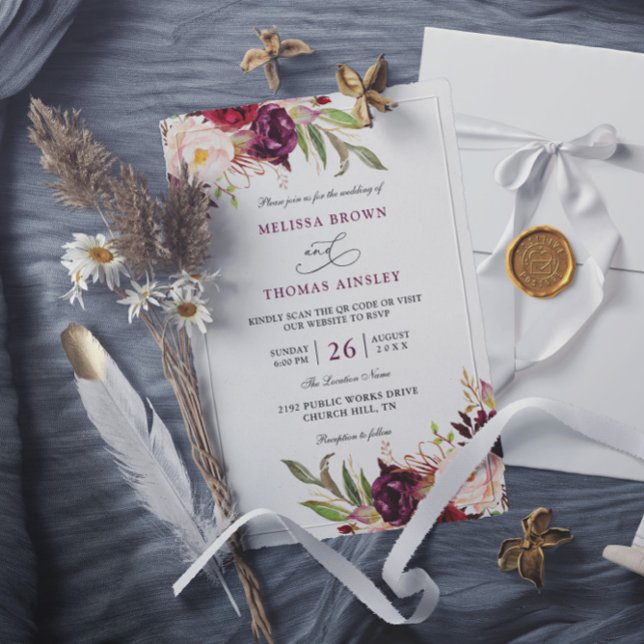 Convite Casamento Floral Vermelho Borgonha Chic Orçamento  (Criador carregado)