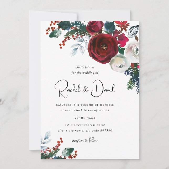 Convite Casamento Floral Vermelho Borgonha de Natal (Frente)