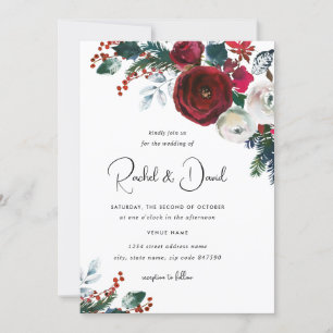 Convite Casamento Floral Vermelho Borgonha de Natal