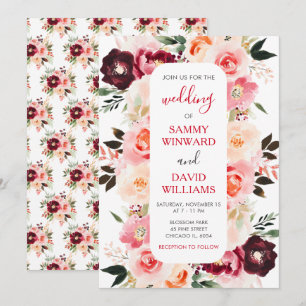 Convite Casamento Floral Vermelho Borgonha e Rosa Bege