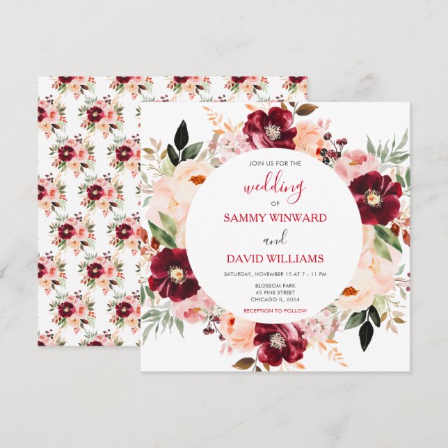 Convite Casamento Floral Vermelho Borgonha e Rosa Bege (Frente/Verso)
