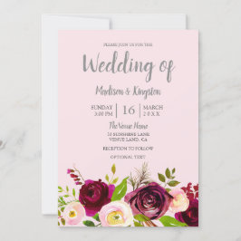 Convite Casamento Floral Vermelho Brilhante Cinzento-Rosa