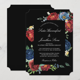 Convite Casamento Floral Vermelho Burgundy Azul Naval Eleg