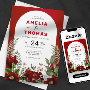 Convite Casamento Floral Vermelho Carmesim Aquarela Românt