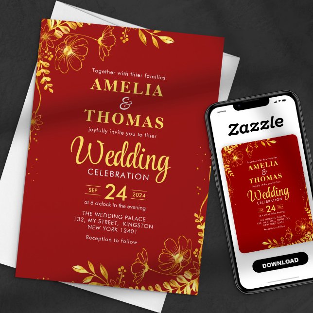 Convite Casamento Floral Vermelho Carmesim e Dourado (Criador carregado)