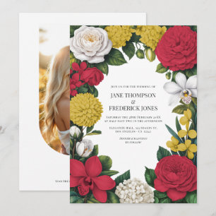 Convite Casamento Floral Vermelho Cereja, Branco e Dourado