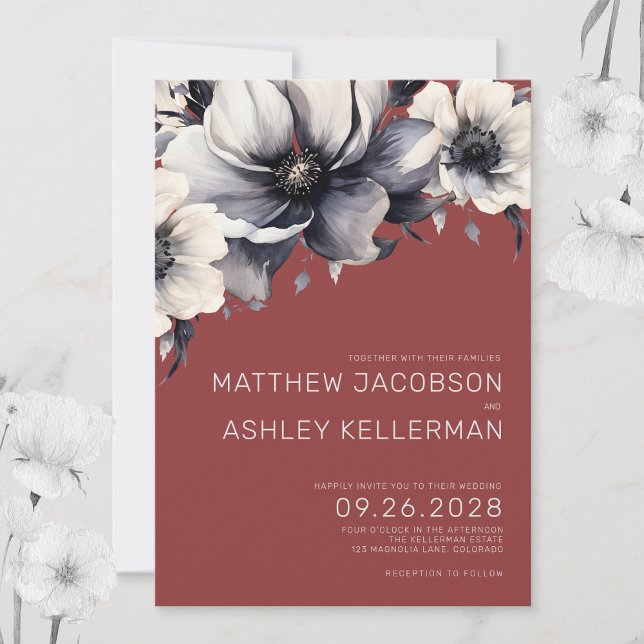 Convite Casamento Floral Vermelho com Queda Moderna Elegan (Elegant Modern Fall Red White Floral Wedding Invitation)
