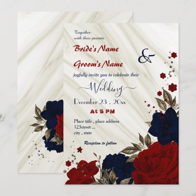Convite casamento floral vermelho e azul marinho (Frente/Verso)