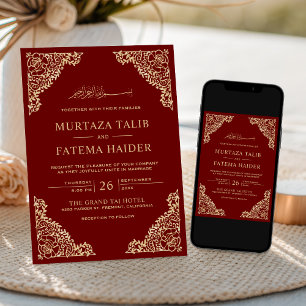 Convite Casamento Floral Vermelho e Muçulmano Islâmico Dou