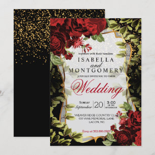 Convite Casamento Floral Vermelho e Negro Elegante