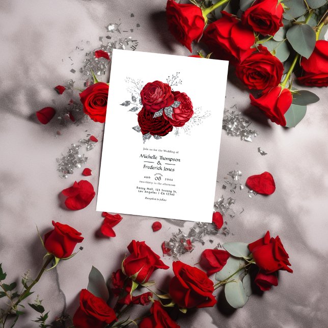 Convite Casamento Floral Vermelho e Prata (Criador carregado)
