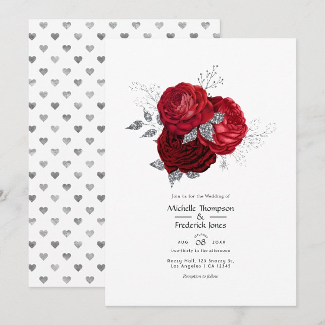 Convite Casamento Floral Vermelho e Prata (Frente/Verso)