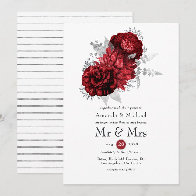 Convite Casamento Floral Vermelho e Prata Sr. & Sra. (Frente/Verso)