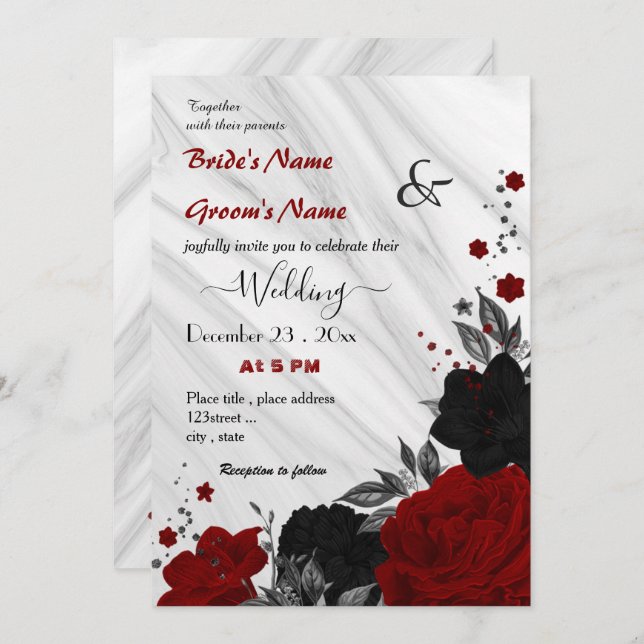 Convite casamento floral vermelho e preto (Frente/Verso)