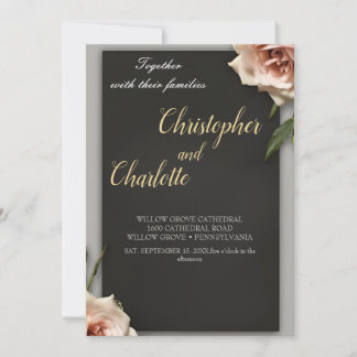 Convite Casamento Floral Vermelho e rosa-preto-legante